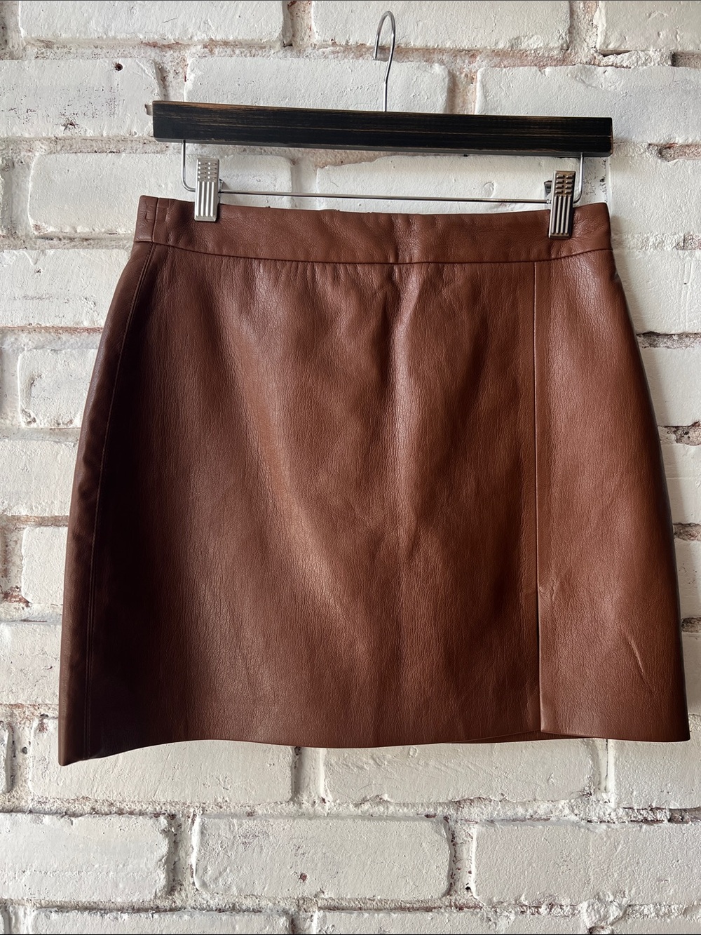Aritzia Chestnut pleather Mini Skirt with slit cognac fitted skirt